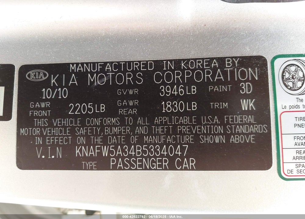 2011 KIA FORTE VIN: KNAFW5A34B5334047