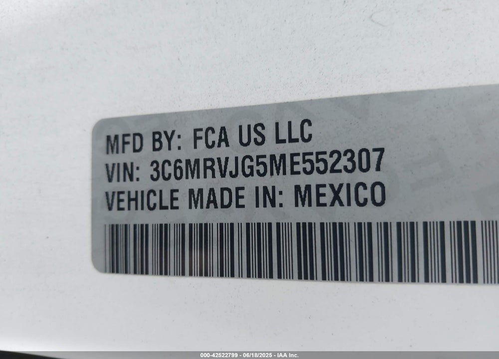 2021 RAM PROMASTER 3500 3500 HIGH VIN: 3C6MRVJG5ME552307