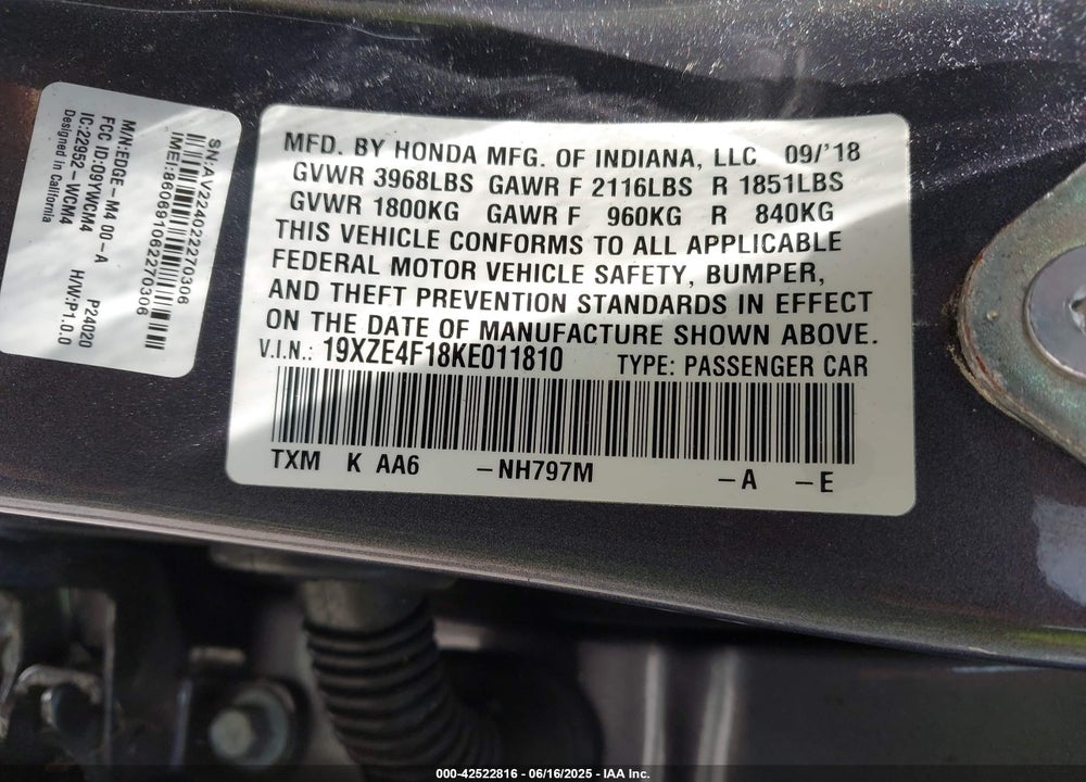 2019 HONDA INSIGHT LX VIN: 19XZE4F18KE011810