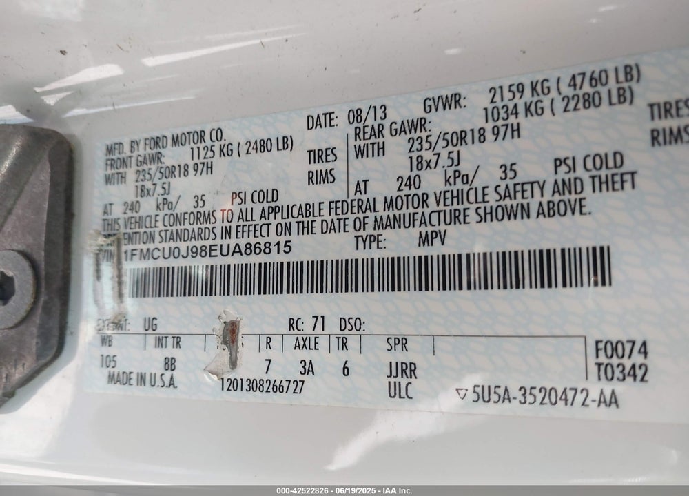 2014 FORD ESCAPE VIN: 1FMCU0J98EUA86815