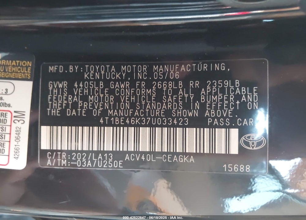 2007 TOYOTA CAMRY XLE VIN: 4T1BE46K37U033423