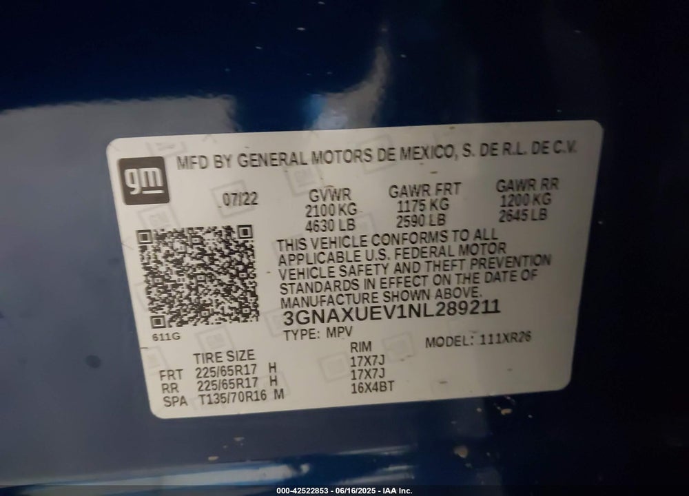 2022 CHEVROLET EQUINOX VIN: 3GNAXUEV1NL289211