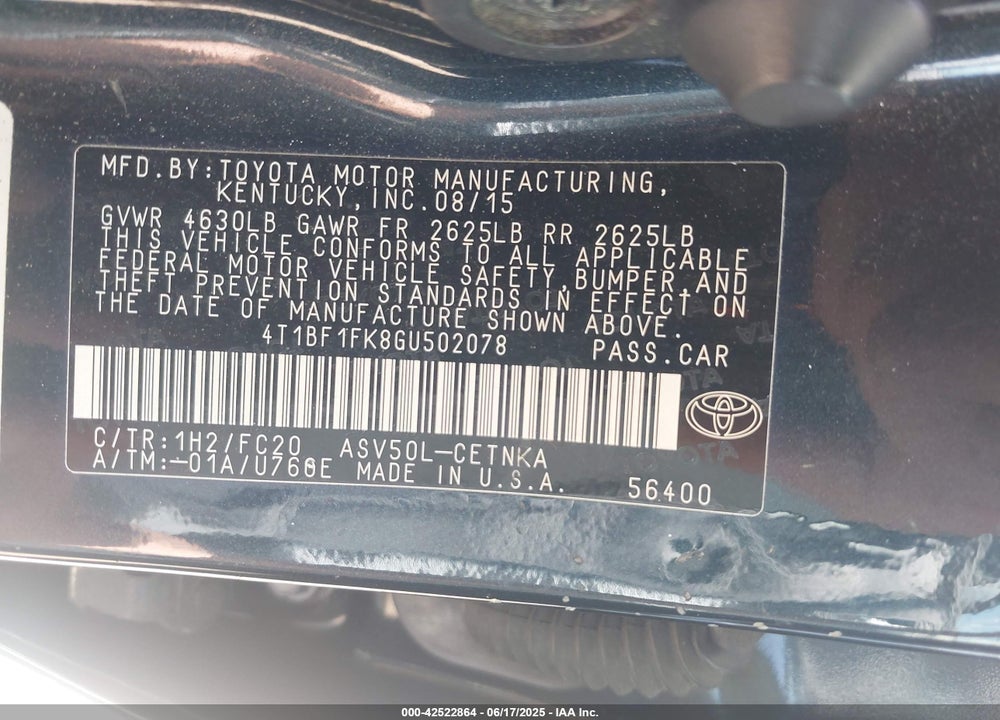 2016 TOYOTA CAMRY VIN: 4T1BF1FK8GU502078