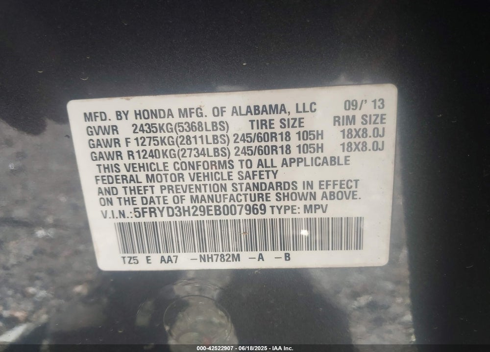 2014 ACURA MDX VIN: 5FRYD3H29EB007969