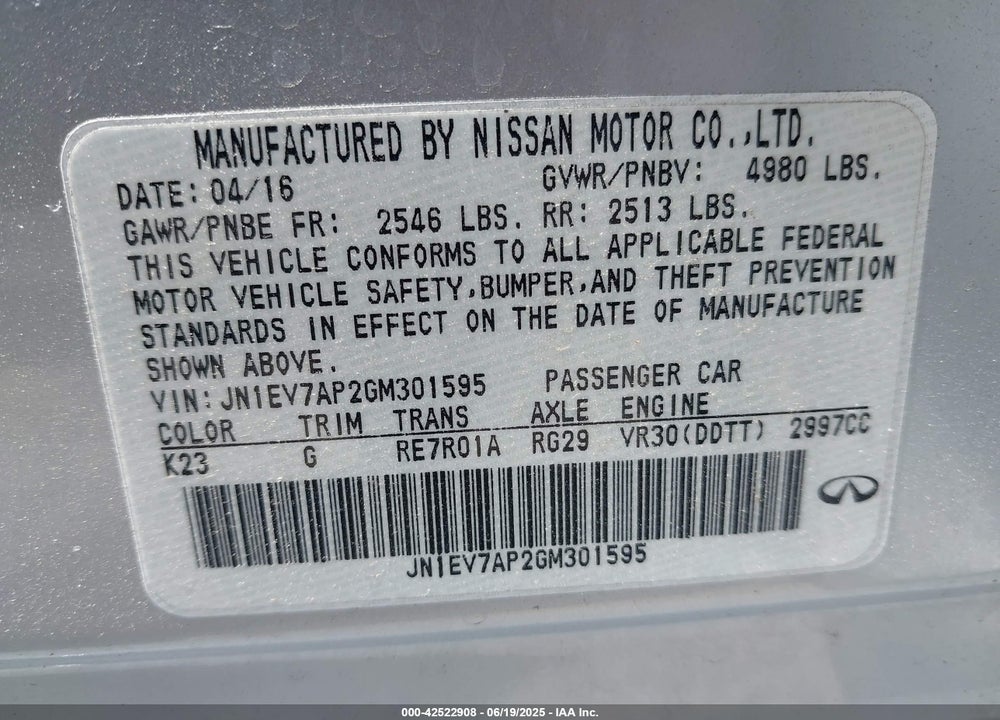 2016 INFINITI Q50 VIN: JN1EV7AP2GM301595
