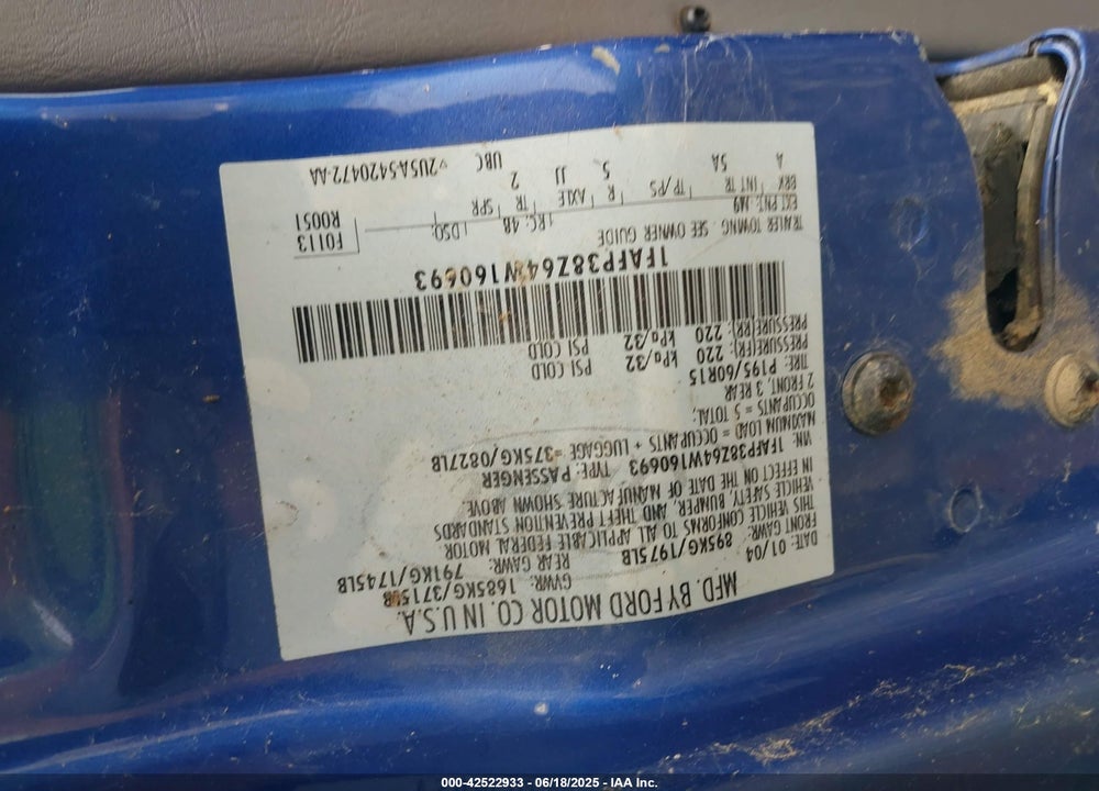 2004 FORD FOCUS ZTS VIN: 1FAFP38Z64W160693