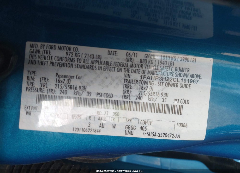 2012 FORD FOCUS SEL VIN: 1FAHP3H22CL191967