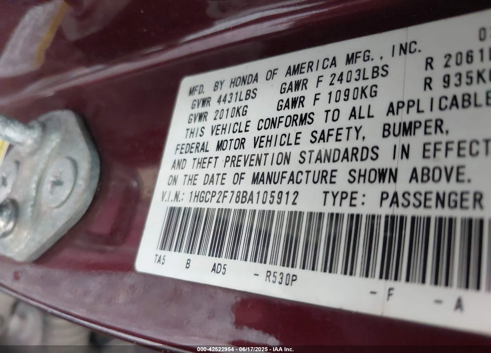 2011 HONDA ACCORD 2.4 EX VIN: 1HGCP2F78BA105912