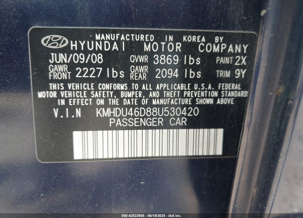 2008 HYUNDAI ELANTRA GLS/SE VIN: KMHDU46D88U530420