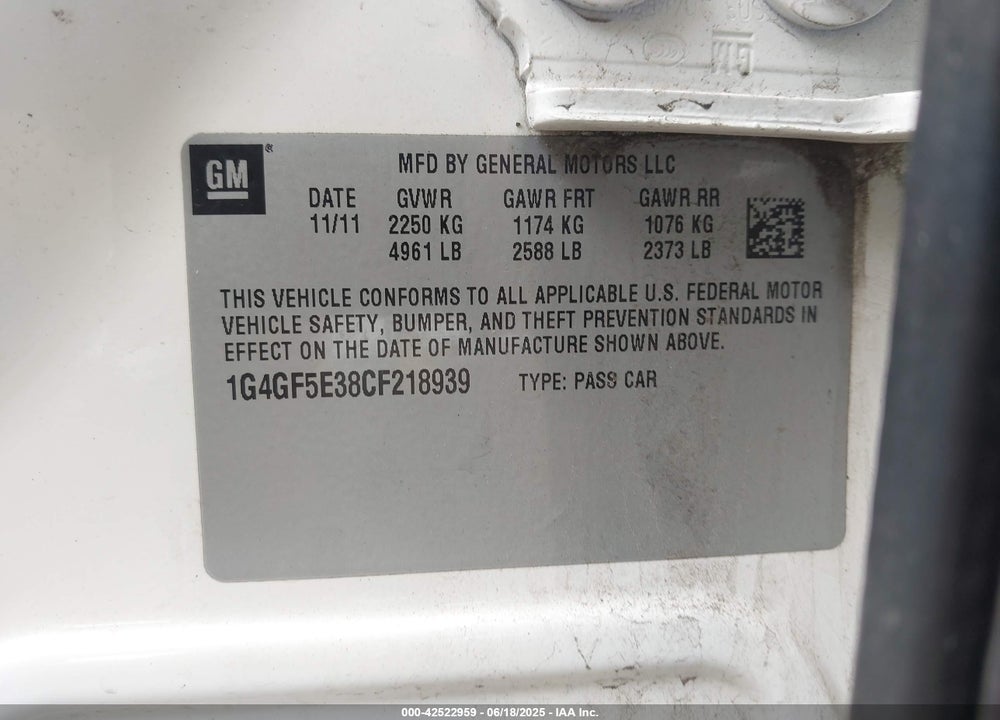 2012 BUICK LACROSSE VIN: 1G4GF5E38CF218939
