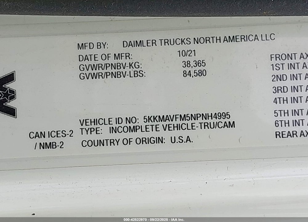 2022 WESTERN STAR 4700 SET FORWARD AXLE VIN: 5KKMAVFM5NPNH4995