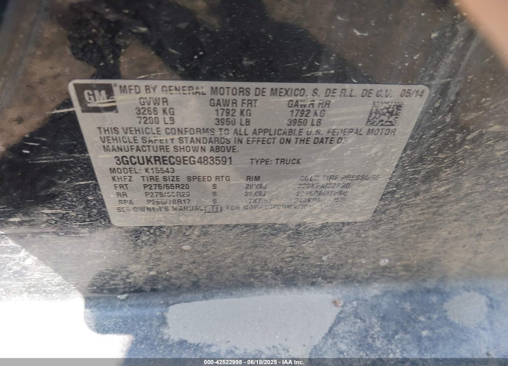 2014 CHEVROLET SILVERADO 1500 1LT VIN: 3GCUKREC9EG483591