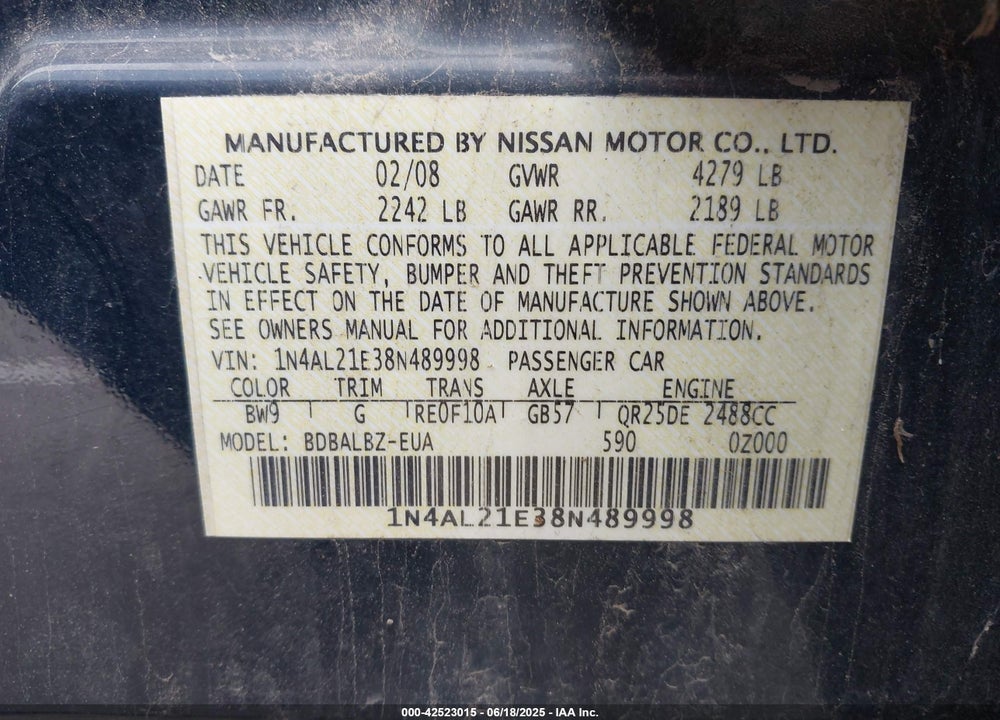 2008 NISSAN ALTIMA VIN: 1N4AL21E38N489998