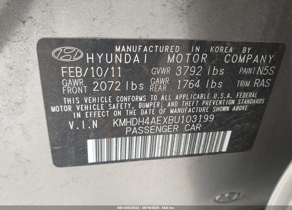 2011 HYUNDAI ELANTRA VIN: KMHDH4AEXBU103199