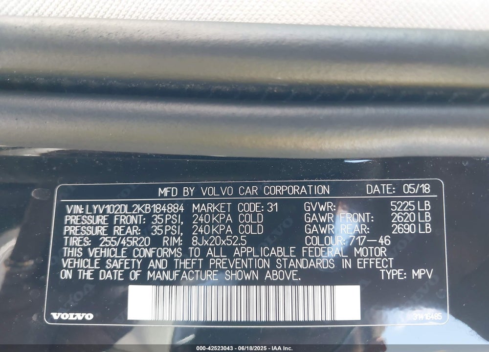 2019 VOLVO XC60 T5 INSCRIPTION VIN: LYV102DL2KB184884