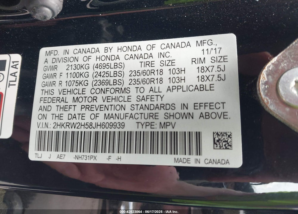 2018 HONDA CR-V VIN: 2HKRW2H58JH609939