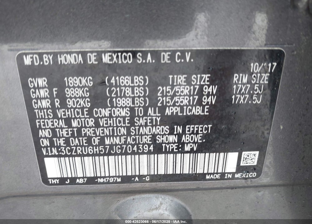 2018 HONDA HR-V VIN: 3CZRU6H57JG704394