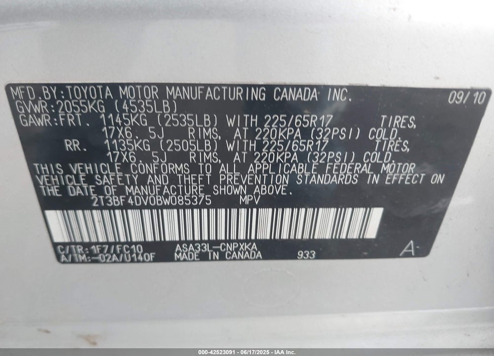 2011 TOYOTA RAV4 VIN: 2T3BF4DV0BW085375