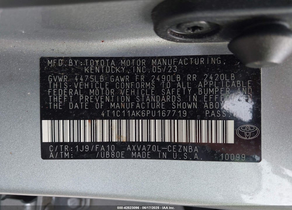 2023 TOYOTA CAMRY VIN: 4T1C11AK6PU167719