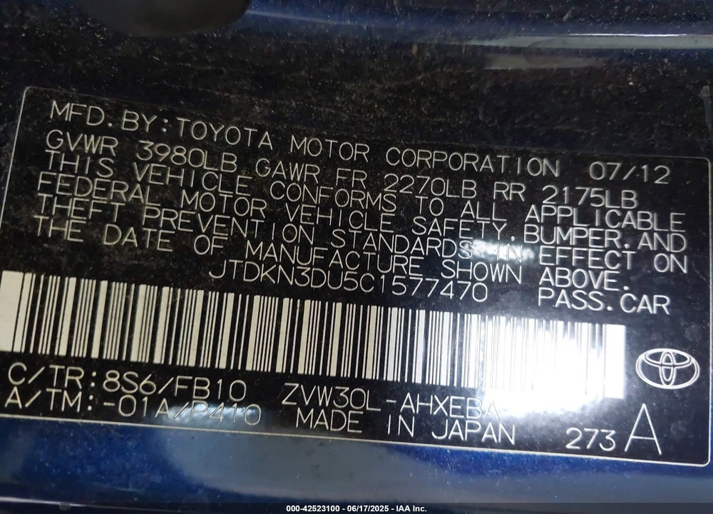 2012 TOYOTA PRIUS TWO VIN: JTDKN3DU5C1577470