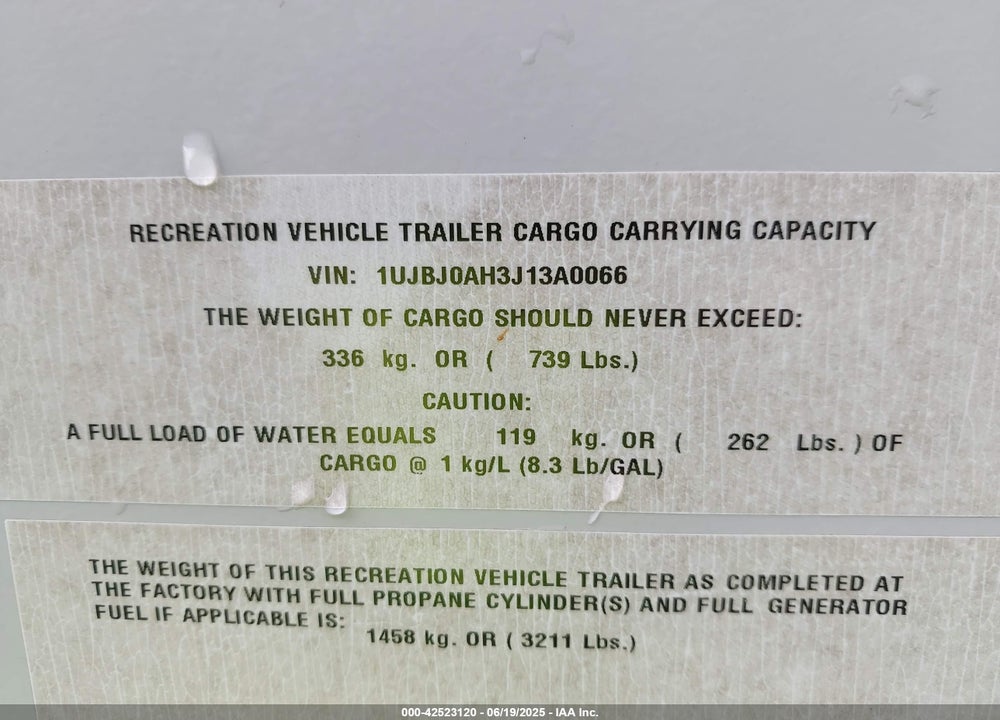 2018 JAYCO TRAVEL TRLR VIN: 1UJBJ0AH3J13A0066