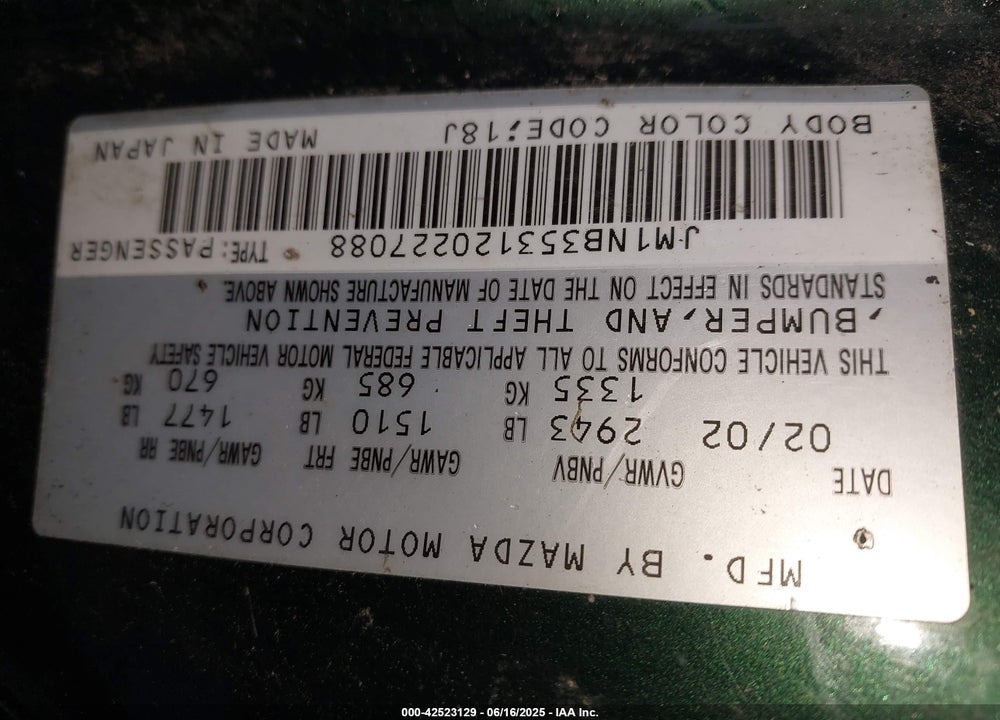 2002 MAZDA MX-5 MIATA CLOTH/LS/SE VIN: JM1NB353120227088