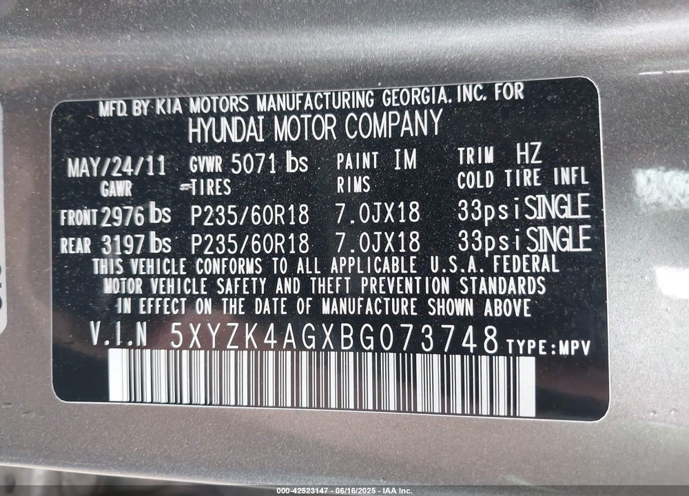 2011 HYUNDAI SANTA FE VIN: 5XYZK4AGXBG073748