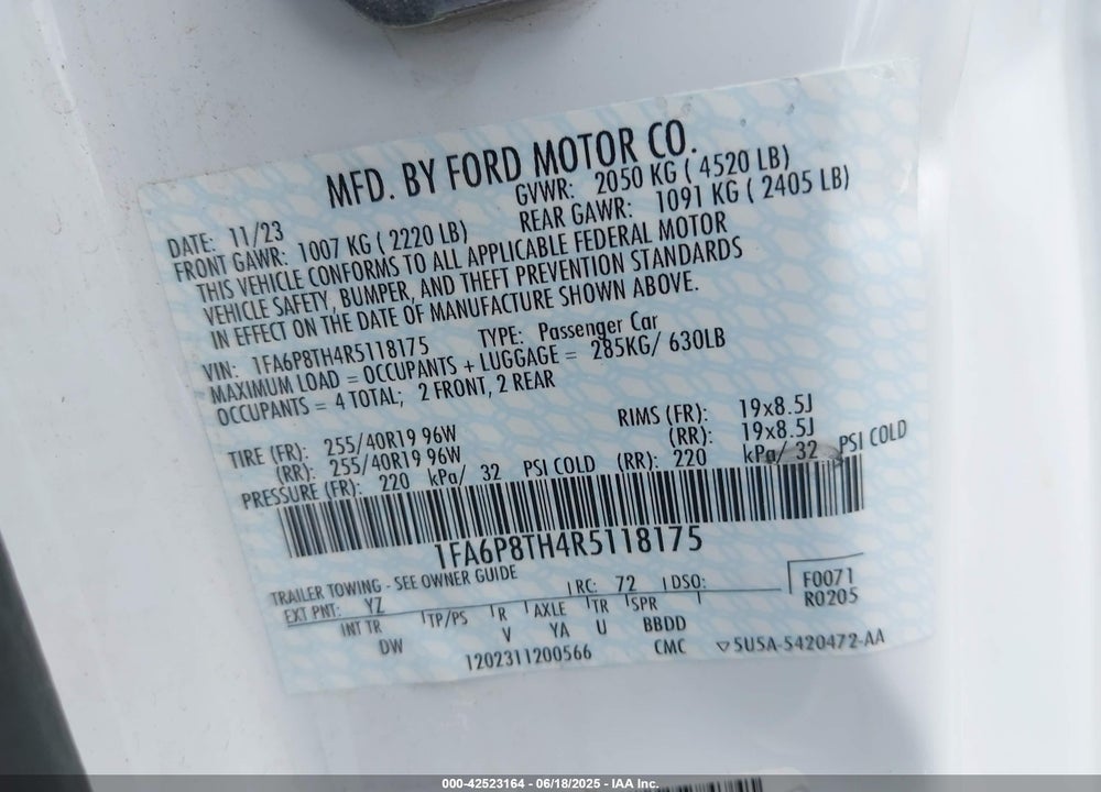 2024 FORD MUSTANG ECOBOOST FASTBACK VIN: 1FA6P8TH4R5118175