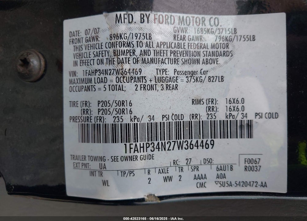2007 FORD FOCUS VIN: 1FAHP34N27W364469