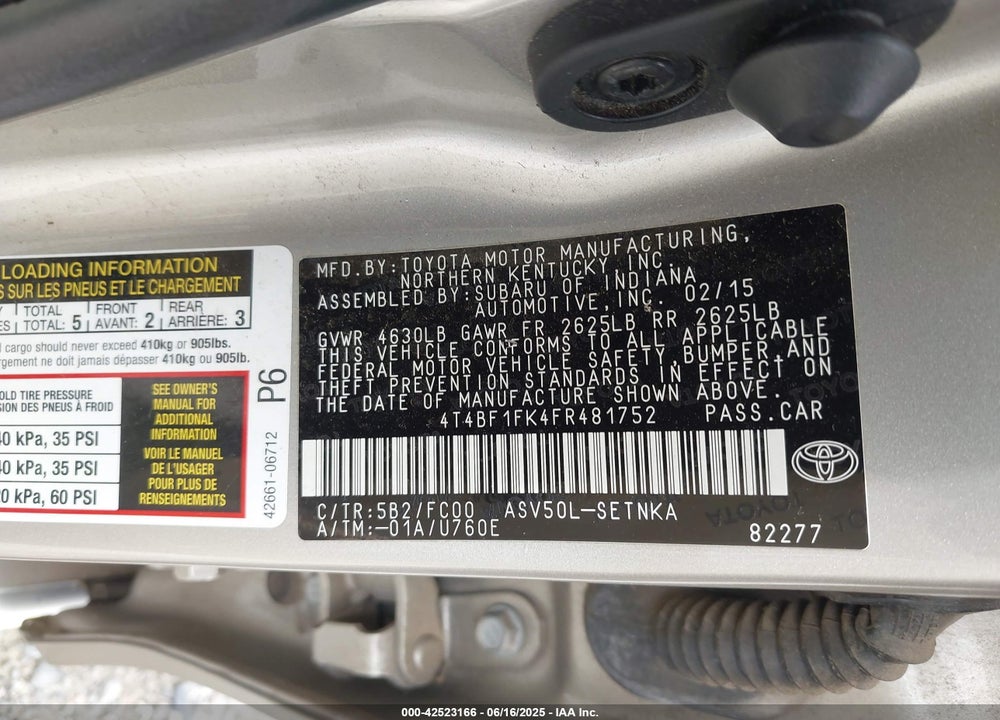 2015 TOYOTA CAMRY VIN: 4T4BF1FK4FR481752