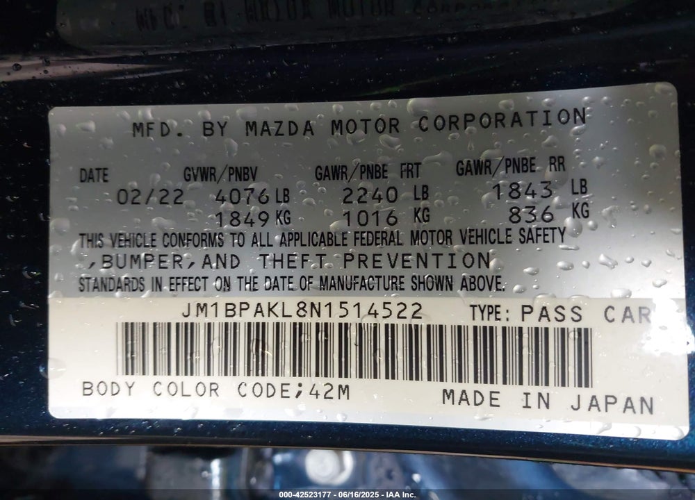 2022 MAZDA 3 VIN: JM1BPAKL8N1514522