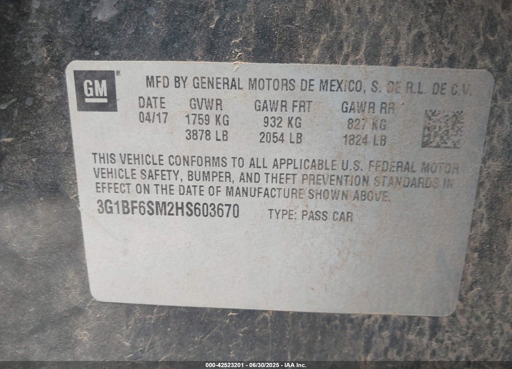 2017 CHEVROLET CRUZE VIN: 3G1BF6SM2HS603670
