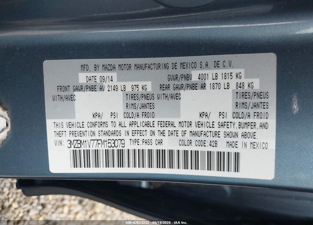 2015 MAZDA MAZDA3 VIN: 3MZBM1V77FM153079