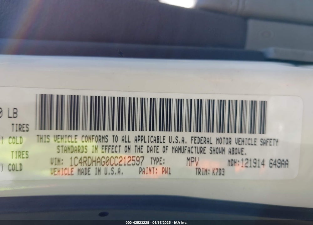 2012 DODGE DURANGO VIN: 1C4RDHAG0CC212597