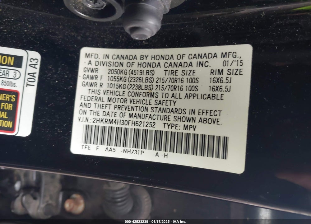 2015 HONDA CR-V VIN: 2HKRM4H30FH621252