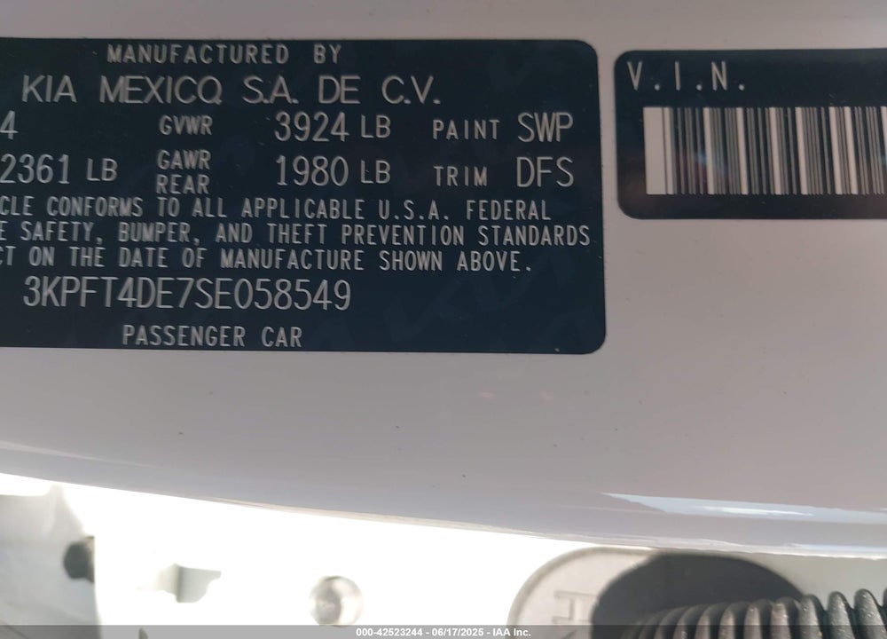 2025 KIA K4 LXS VIN: 3KPFT4DE7SE058549