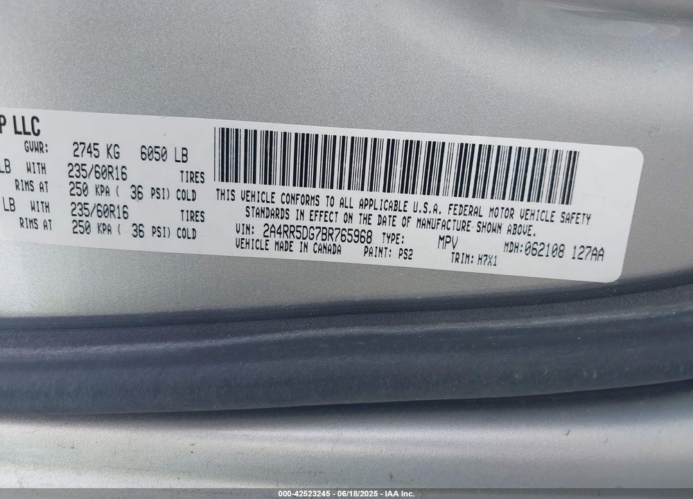 2011 CHRYSLER TOWN & COUNTRY TOURING VIN: 2A4RR5DG7BR765968