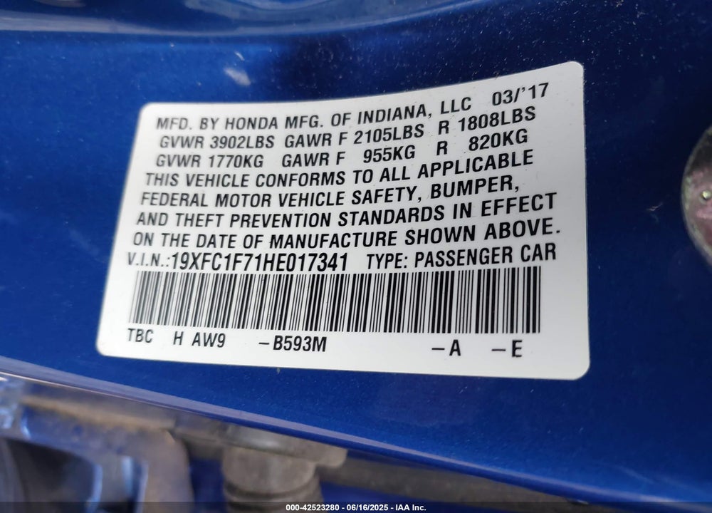 2017 HONDA CIVIC VIN: 19XFC1F71HE017341