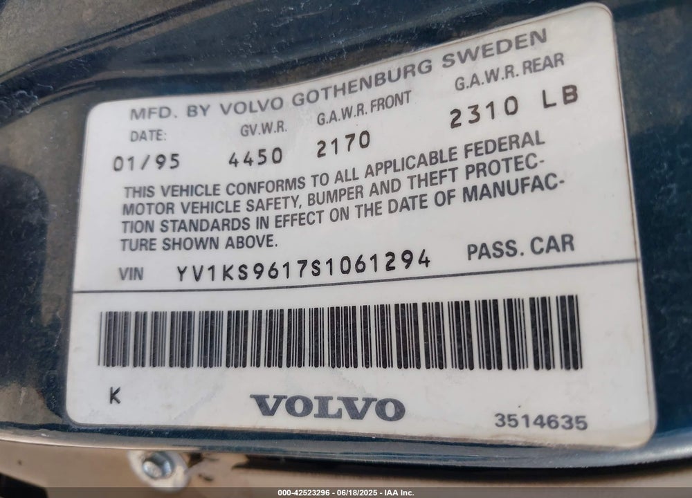 1995 VOLVO 960 VIN: YV1KS9617S1061294