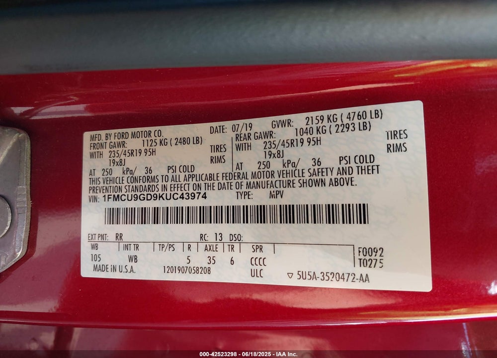 2019 FORD ESCAPE VIN: 1FMCU9GD9KUC43974