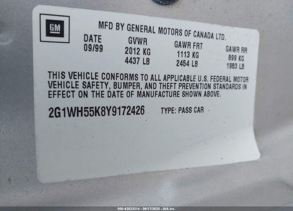 2000 CHEVROLET IMPALA LS VIN: 2G1WH55K8Y9172426