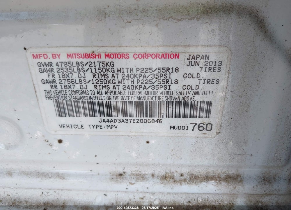 2014 MITSUBISHI OUTLANDER SE VIN: JA4AD3A37EZ006846