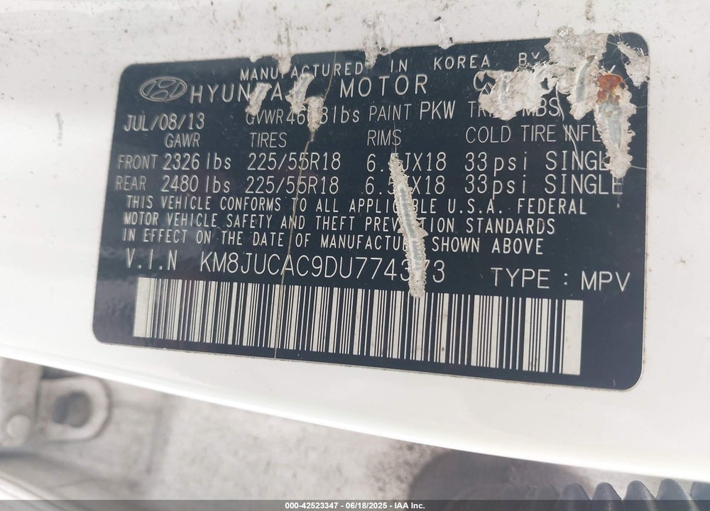 2013 HYUNDAI TUCSON VIN: KM8JUCAC9DU774373