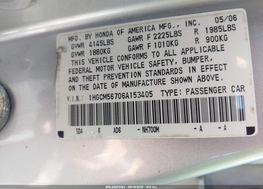 2006 HONDA ACCORD 2.4 EX VIN: 1HGCM56706A153405