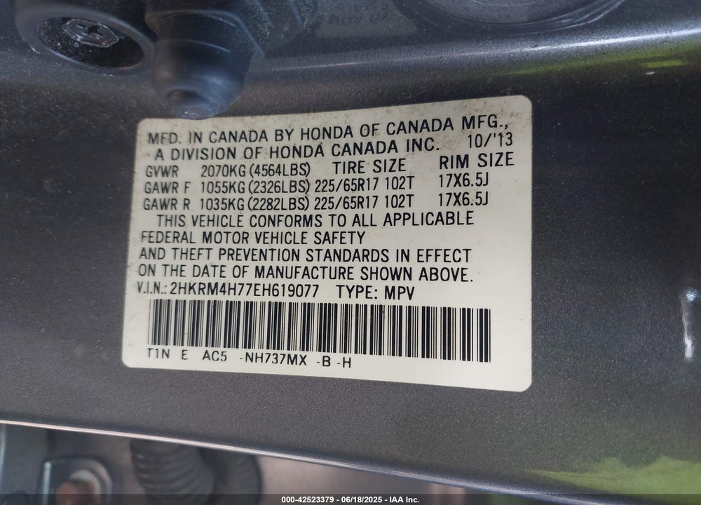 2014 HONDA CR-V EX-L VIN: 2HKRM4H77EH619077