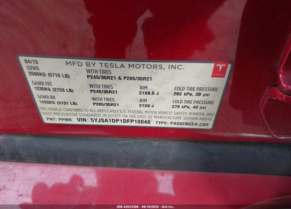 2013 TESLA MODEL S VIN: 5YJSA1DP1DFP10048