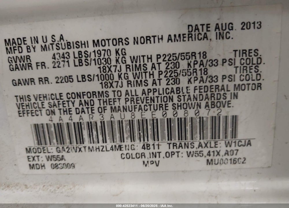 2014 MITSUBISHI OUTLANDER SPORT VIN: 4A4AR3AU8EE008072