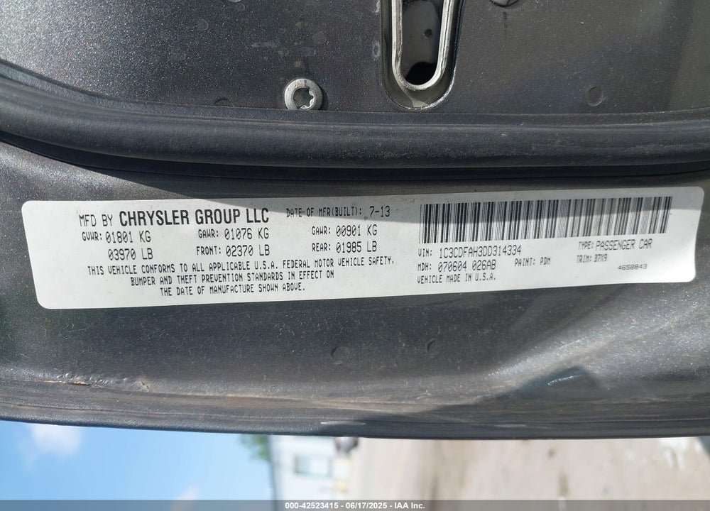2013 DODGE DART VIN: 1C3CDFAH3DD314334