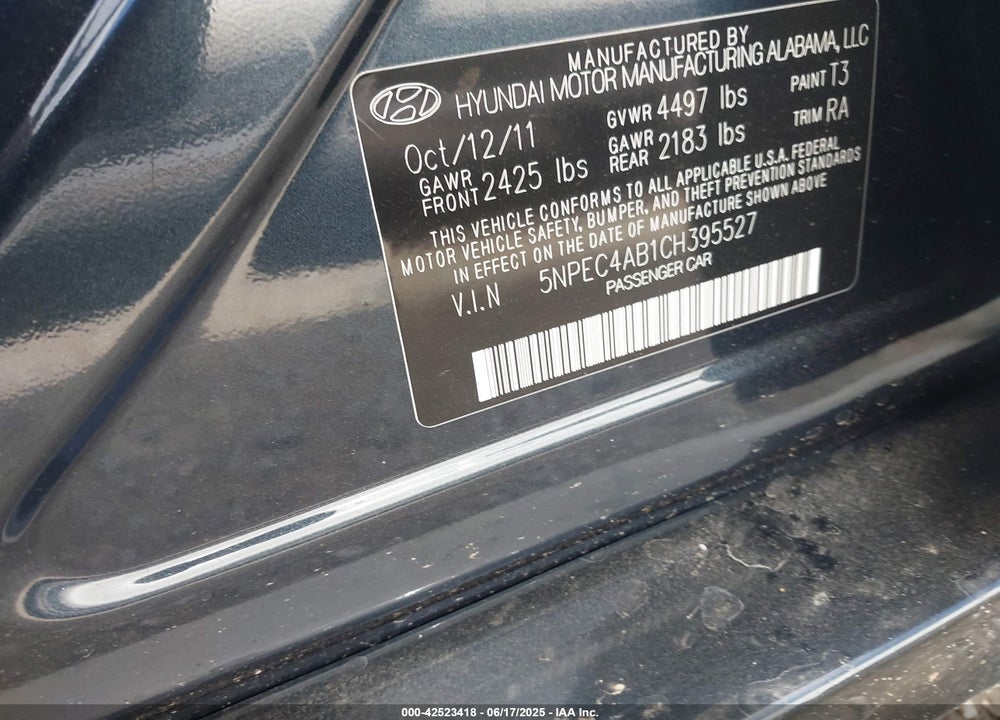 2012 HYUNDAI SONATA VIN: 5NPEC4AB1CH395527