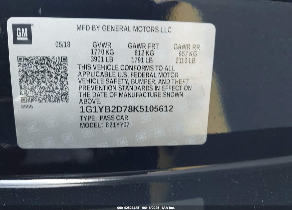 2019 CHEVROLET CORVETTE STINGRAY VIN: 1G1YB2D78K5105612